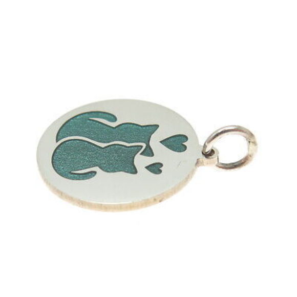925 Sterling Silver Green Enamel Cat Couple Minimalist Round Tag Charm Pendant - Picture 5 of 7